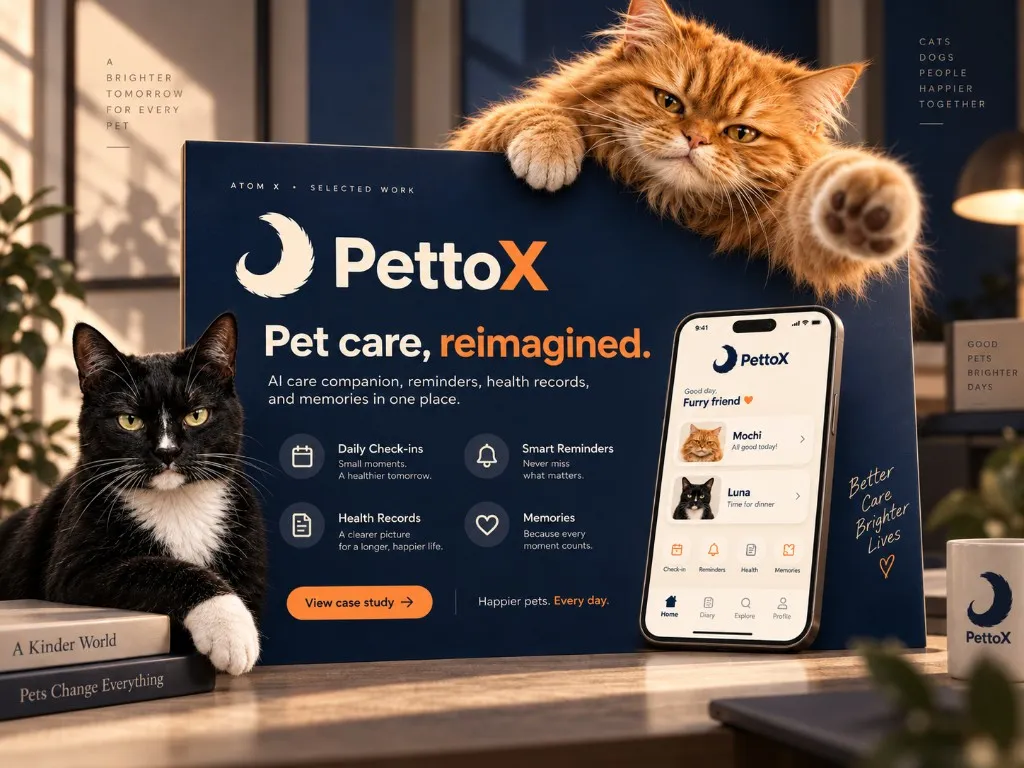 PettoX case study poster — AI pet care companion with daily check-ins, smart reminders, health records, and memories