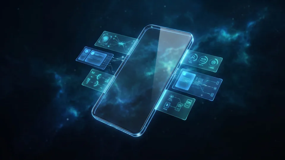 Futuristic smartphone projecting holographic app interface panels