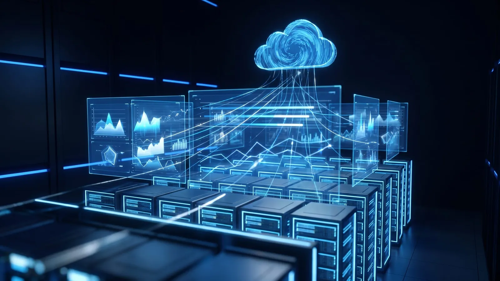 Holographic dashboard screens above a glowing cloud server grid