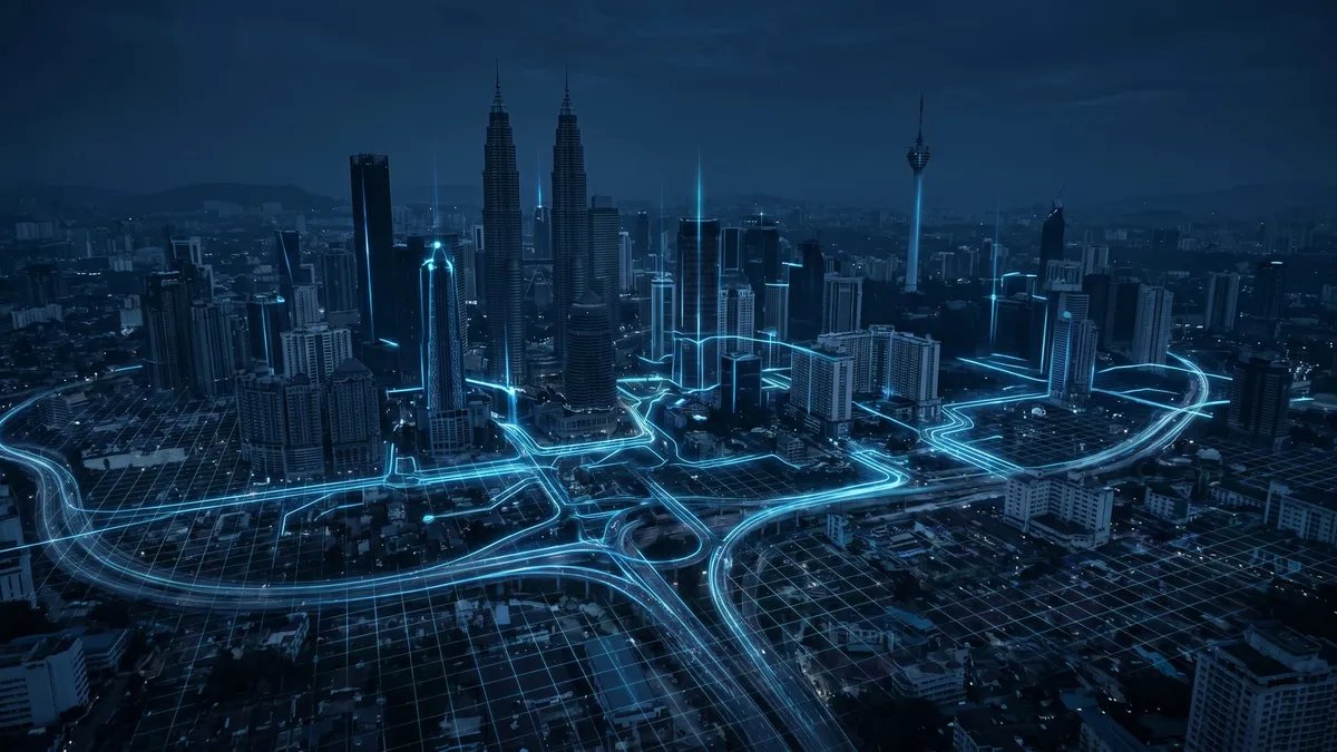 Kuala Lumpur skyline at night connected by glowing blue data light trails